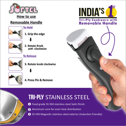 Softel Triply Stainless Steel Tasla with Removable Handle - 5