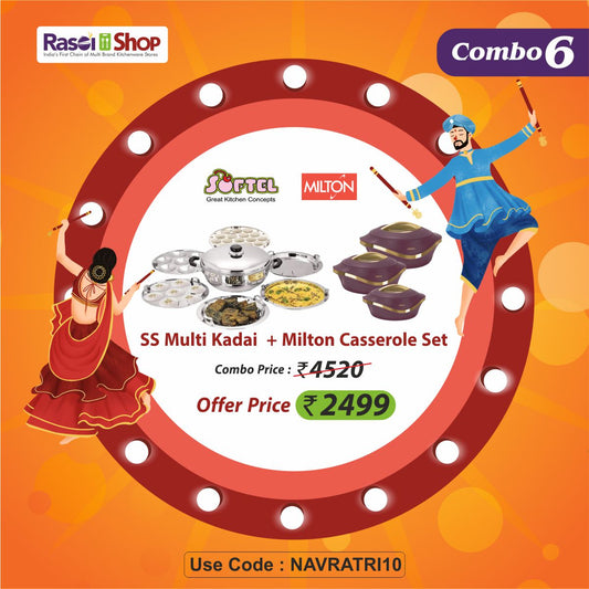 NAVRATRI COMBO #6 - Softel Stainless Steel Multi kadhai With 6 Plate  + Milton Pearl JR. Gift Set, 3 Casseroles