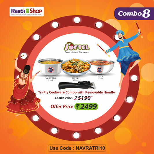 NAVRATRI COMBO #8 - Softel Tri-Ply Cookware Combo with Removable Handle