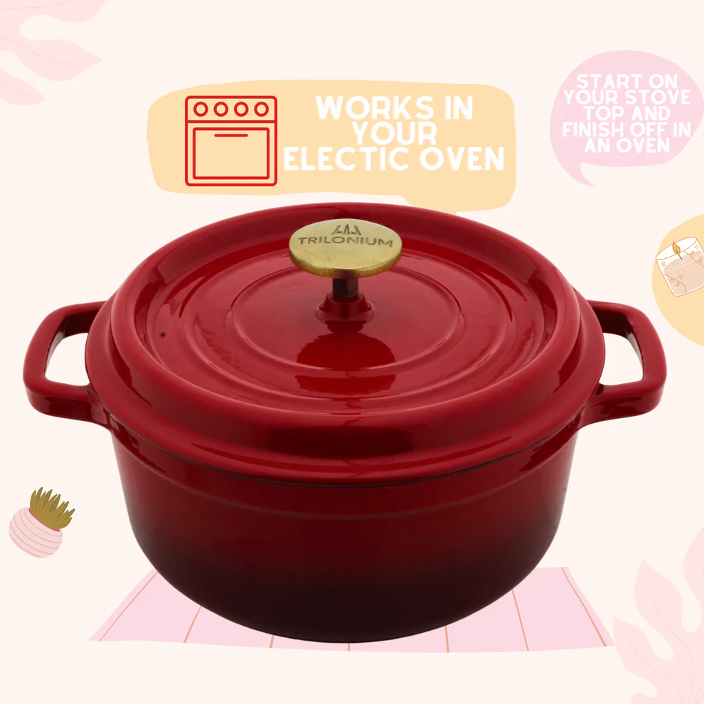 Trilonium Enamel Cast Iron Dutch Oven – 24 cm, 26cm | Biryani Pot, Red, Non-Stick, Induction-Compatible, Cooking Pot