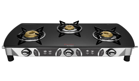 Preethi Blu Flame Blaze Glass top 3 Burner Gas Stove, Manual Ignition | Black & Silver