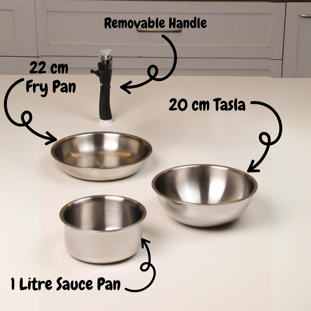 Softel Tri-Ply Cookware Combo with Removable Handle (Tasla + Fry Pan + Sauce Pan + Removable Handle) | Gas & Induction Compatible | Set of 4 Pcs