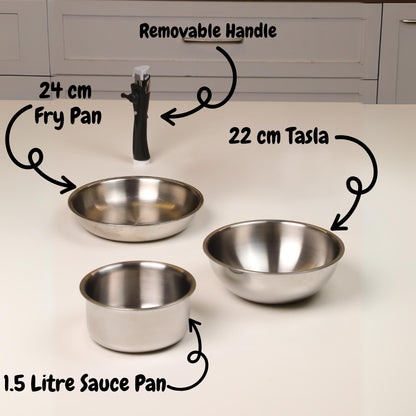 Softel Tri-Ply Cookware Combo with Removable Handle (Tasla + Fry Pan + Sauce Pan + Removable Handle) | Gas & Induction Compatible | Set of 4 Pcs