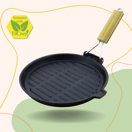 Trilonium Cast Iron round 24 cm Grill Pan with Foldable Handle | Pre-Seasoned | Black - 1