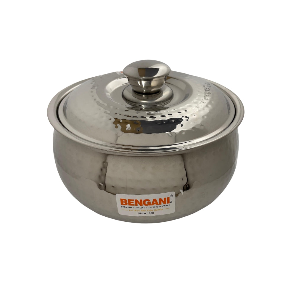 Bengani Stainless Steel Belly Hammered HotPot Casserole | Silver | 1 Pc