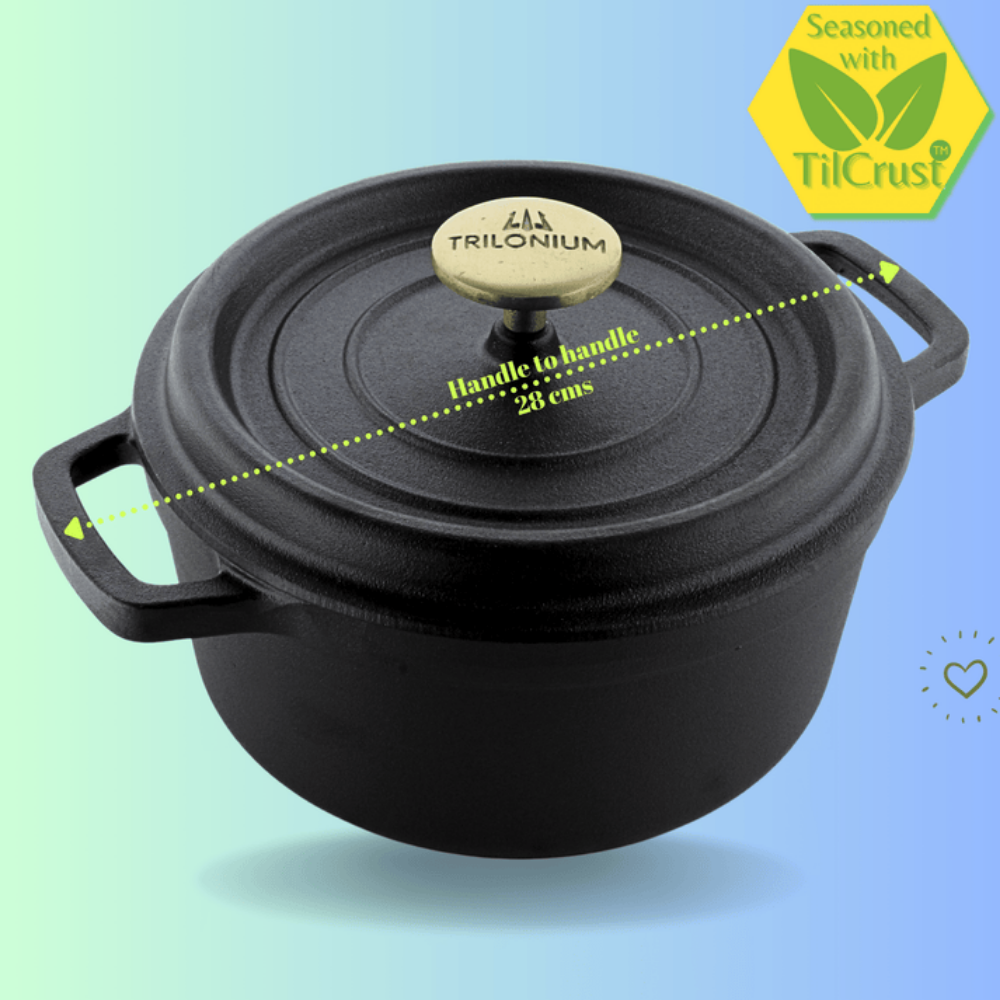 Trilonium Pre-Seasoned Cast Iron Dutch Oven Pot, Casserole, Biryani Pot, Cooking Pot with Lid | Gas & Induction Compatible | Black  -  3