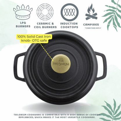 Trilonium Pre-Seasoned Cast Iron Dutch Oven Pot, Casserole, Biryani Pot, Cooking Pot with Lid | Gas & Induction Compatible | Black  - 5