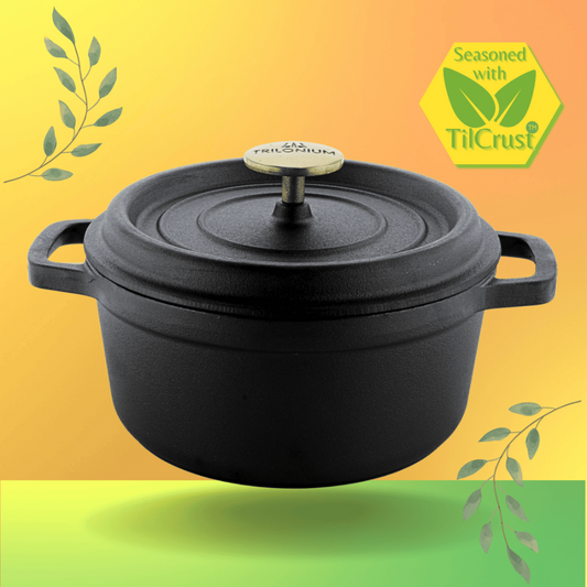 Trilonium Pre-Seasoned Cast Iron Dutch Oven Pot, Casserole, Biryani Pot, Cooking Pot with Lid | Gas & Induction Compatible | Black  - 1