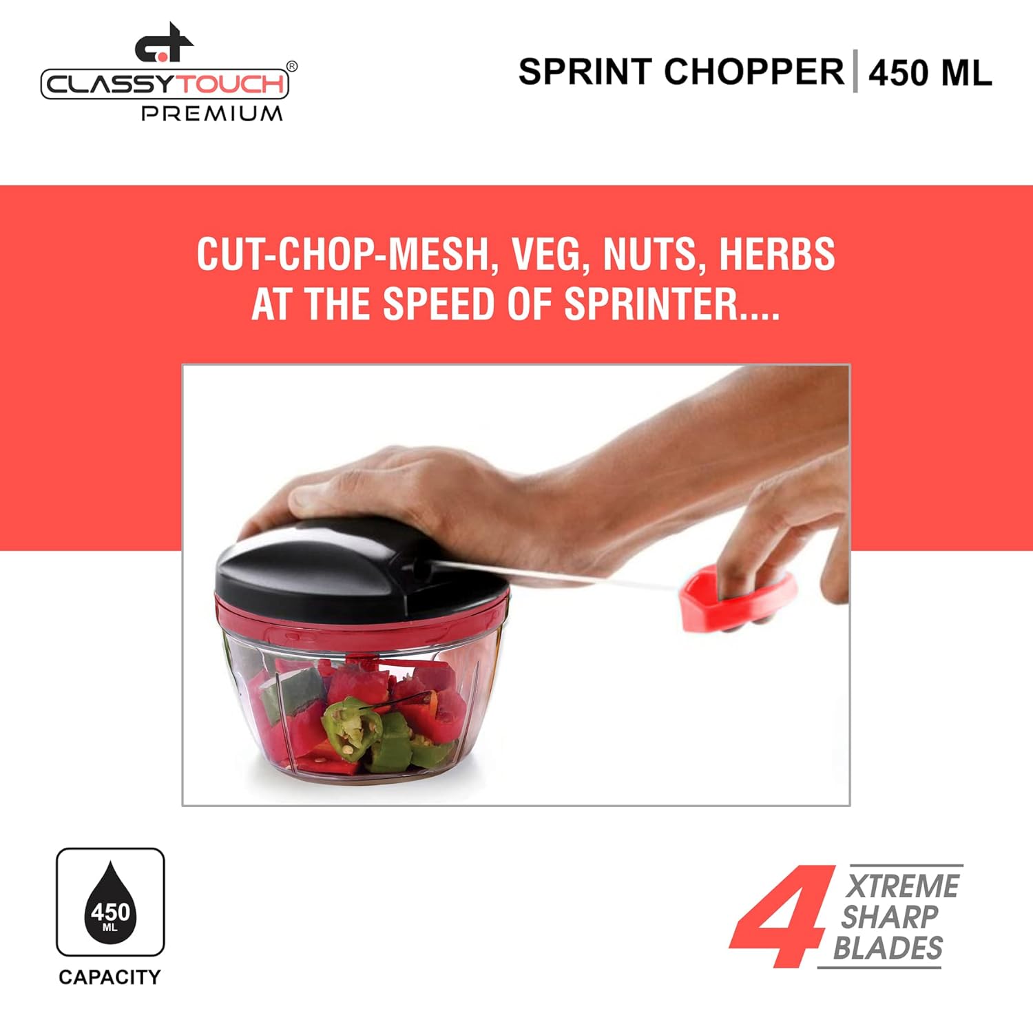 Classy Touch Manual Food Chopper | Red & Black