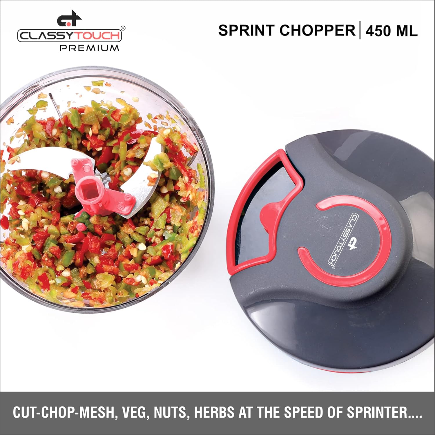 Classy Touch Manual Food Chopper | Red & Black