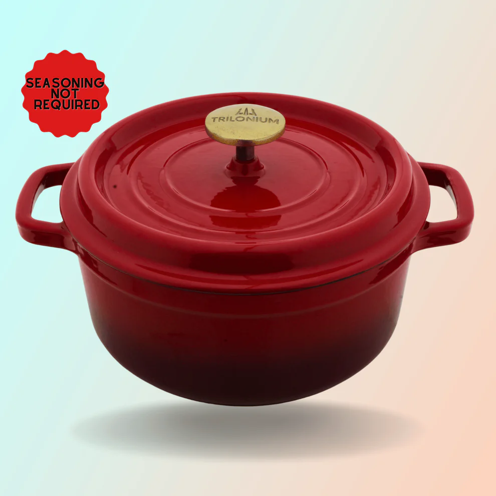 Trilonium Enamel Cast Iron Dutch Oven – 24 cm, 26cm | Biryani Pot, Red, Non-Stick, Induction-Compatible, Cooking Pot