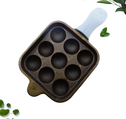 Trilonium Cast Iron Paniyaram Pan 9 Pits | Pre-Seasoned | 17cm | 2.48 Kgs | Square | Long Handle with Silicone Sleeve | Induction & Gas Compatible on www.rasoishop.com