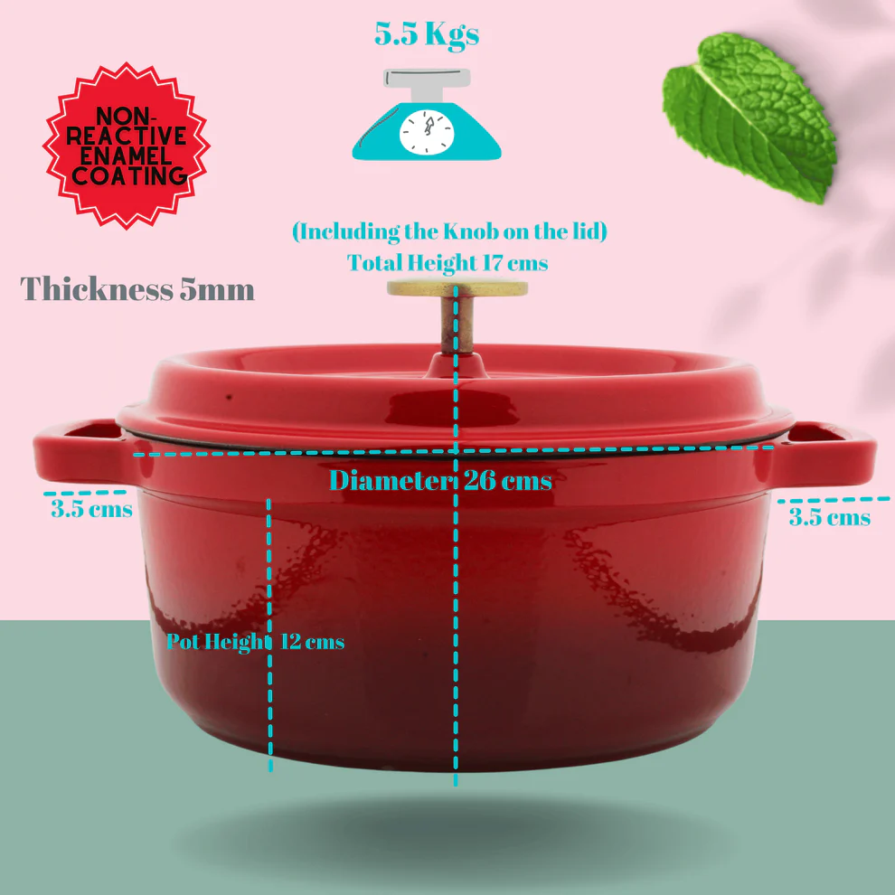 Trilonium Enamel Cast Iron Dutch Oven – 24 cm, 26cm | Biryani Pot, Red, Non-Stick, Induction-Compatible, Cooking Pot