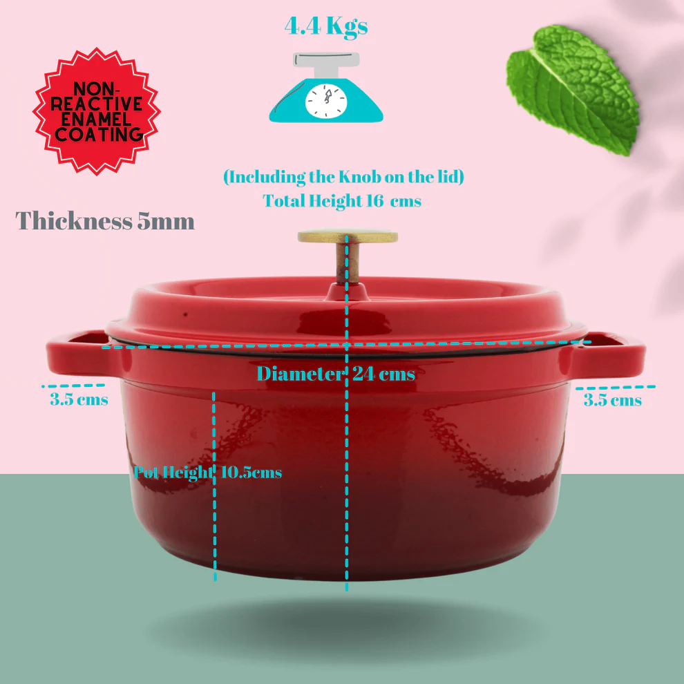 Trilonium Enamel Cast Iron Dutch Oven – 24 cm, 26cm | Biryani Pot, Red, Non-Stick, Induction-Compatible, Cooking Pot