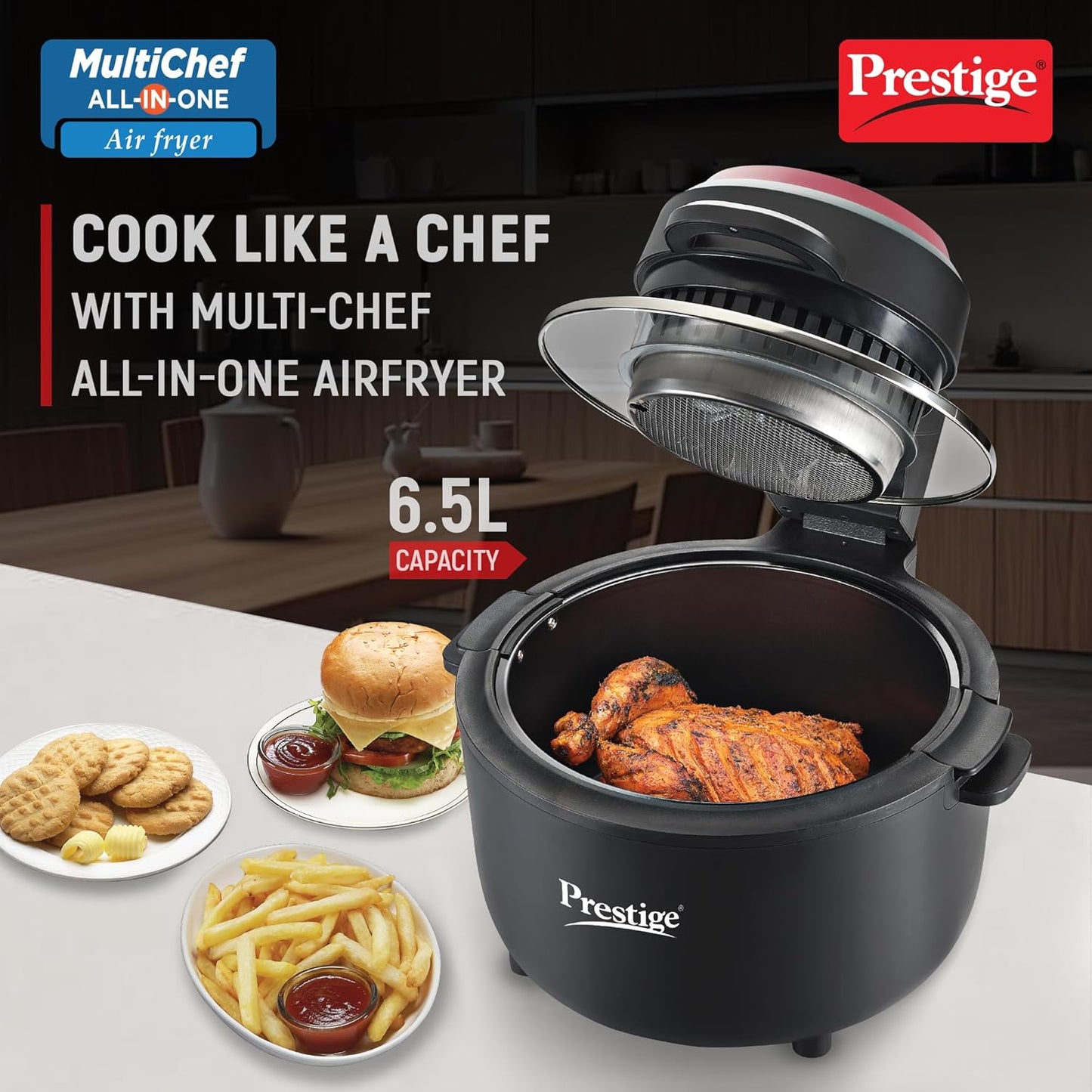 Prestige Multi-Chef All in One Air Fryer | 80% less Oil Consumption | 6.5L Capacity | 1200 Watts Power | Black