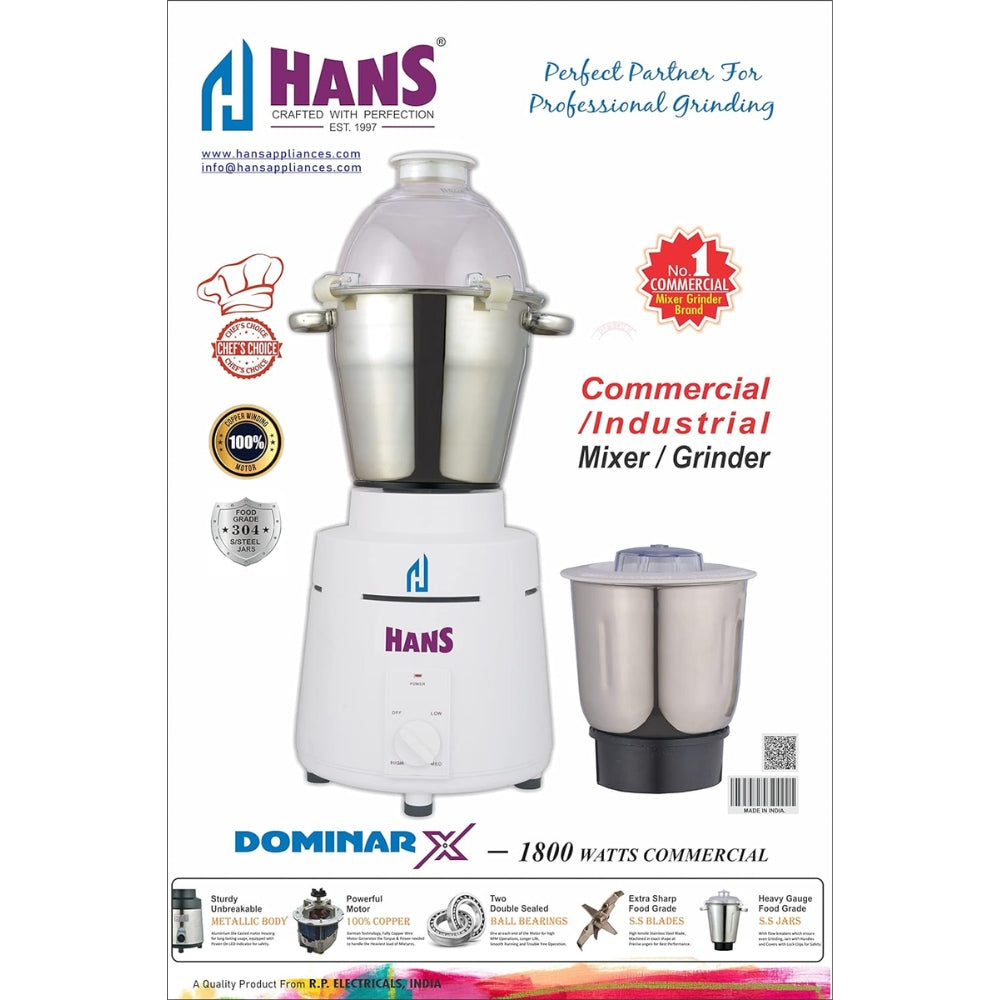 HANS Dominar X 1800 Watts 2.5 HP Commercial Mixer Grinder, 100% Copper Motor, 3 Litre And 1 Litre Stainless Steel Jars | White