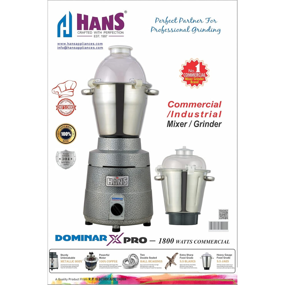 HANS Dominar X Pro 1800 Watts 2.5 HP Commercial Mixer Grinder With 2 Jar Heavy Duty | Black Grey