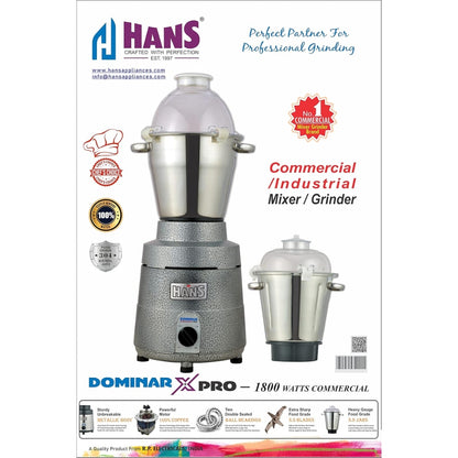 HANS Dominar X Pro 1800 Watts 2.5 HP Commercial Mixer Grinder With 2 Jar Heavy Duty | Black Grey