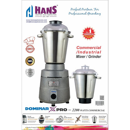 HANS Dominar X Pro 2200 Watts 3 HP Commercial Mixer Grinder With 2 Jar Heavy Duty | Black Grey