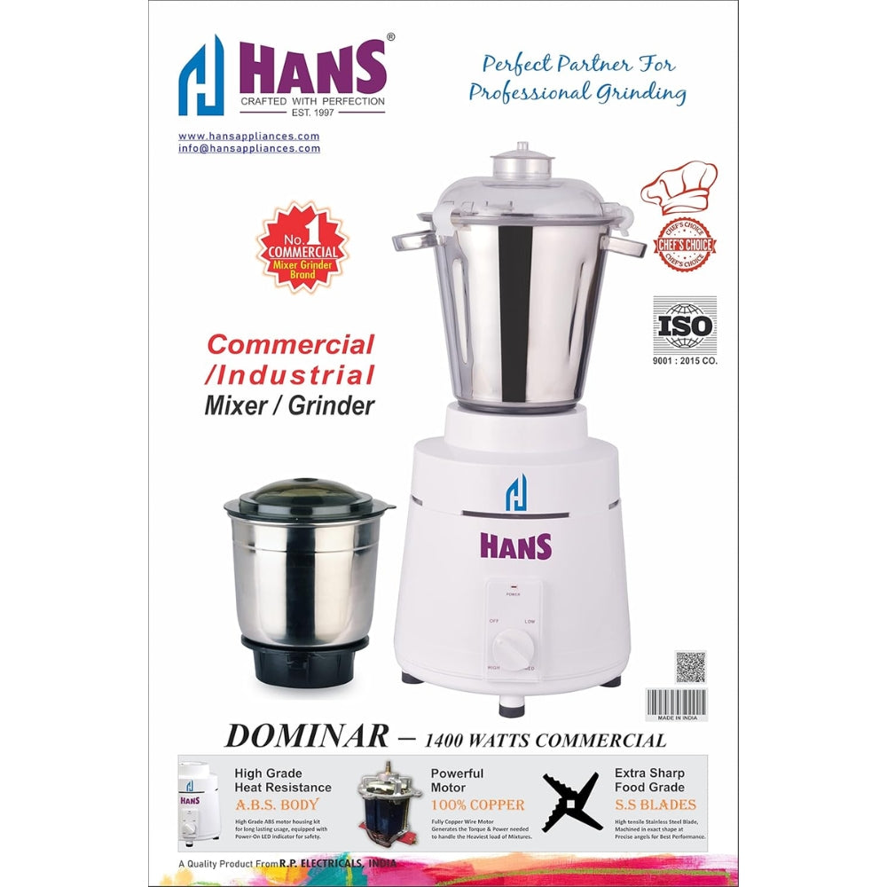 HANS Dominar 1400 Watts 2 HP Commercial Mixer Grinder, 100% Copper Motor, 2.5 litre And 1 Litre Stainless Steel Jars, Heavy Duty | White