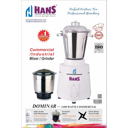 HANS Dominar 1400 Watts 2 HP Commercial Mixer Grinder, 100% Copper Motor, 2.5 litre And 1 Litre Stainless Steel Jars, Heavy Duty | White