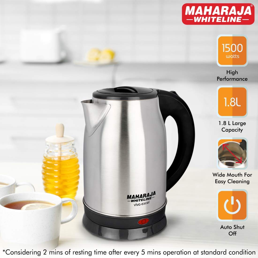 Maharaja Whiteline Viva Excel 1.8 Litre 1500 Watts Electric Kettle with Bis Plug | Silver & Black | 1 Pc