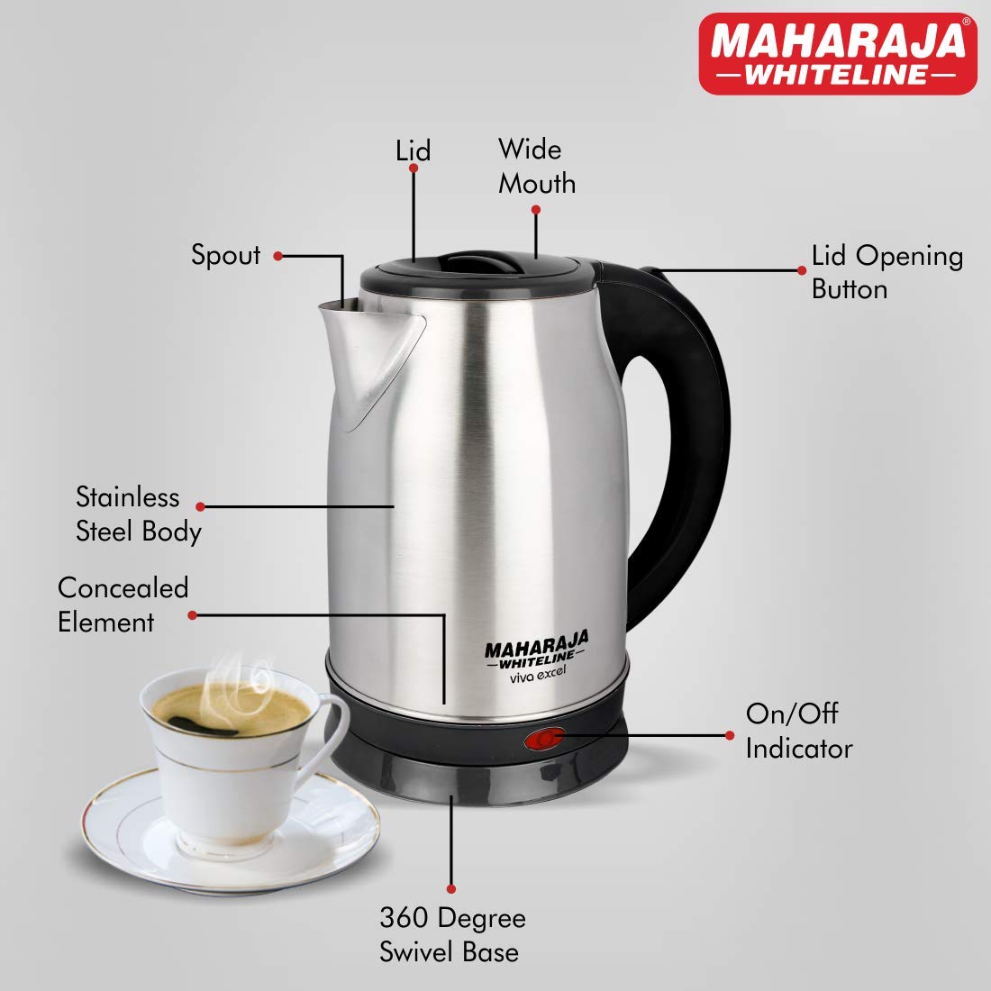 Maharaja Whiteline Viva Excel 1.8 Litre 1500 Watts Electric Kettle with Bis Plug | Silver & Black | 1 Pc