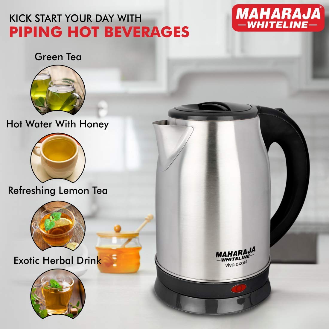 Maharaja Whiteline Viva Excel 1.8 Litre 1500 Watts Electric Kettle with Bis Plug | Silver & Black | 1 Pc