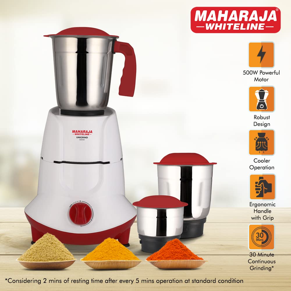 Maharaja Whiteline Unigrind Pro 500 Watts Mixer Grinder with 3 Jars | White & Red