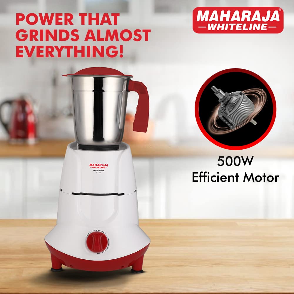 Maharaja Whiteline Unigrind Pro 500 Watts Mixer Grinder with 3 Jars | White & Red