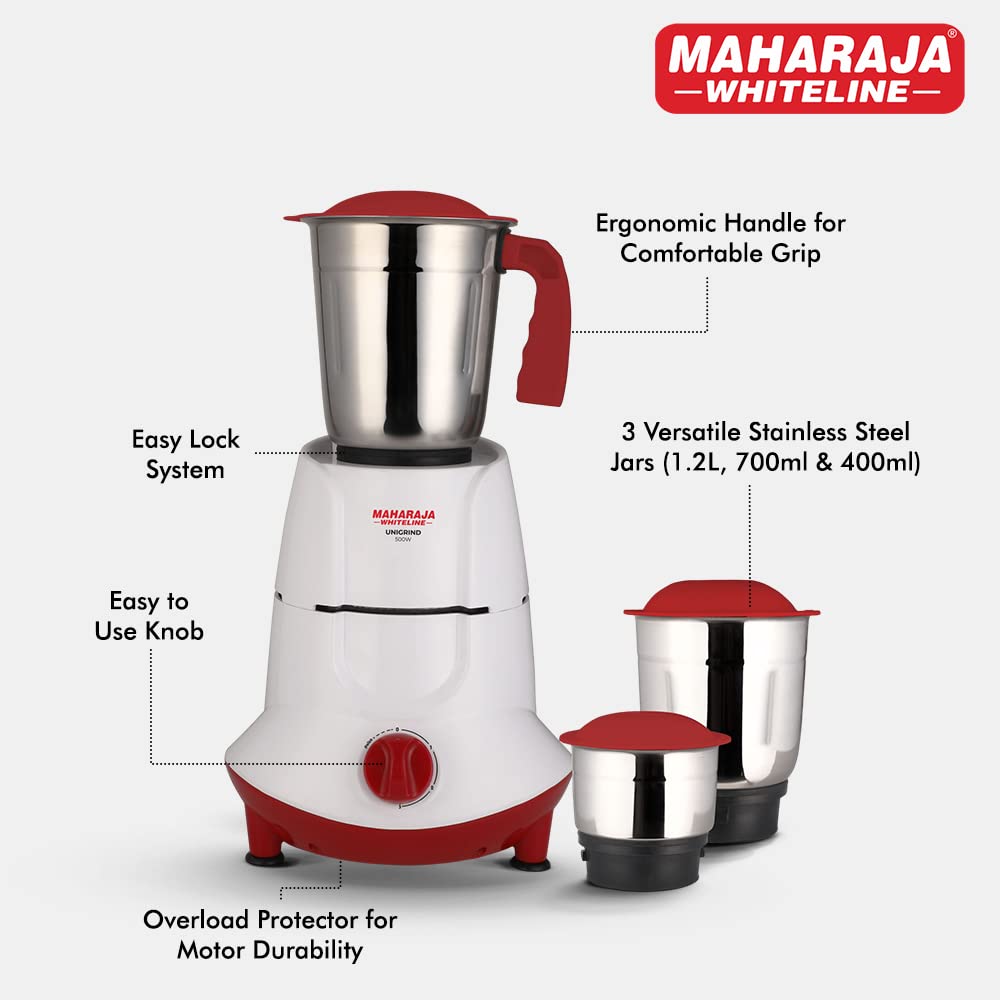 Maharaja Whiteline Unigrind Pro 500 Watts Mixer Grinder with 3 Jars | White & Red