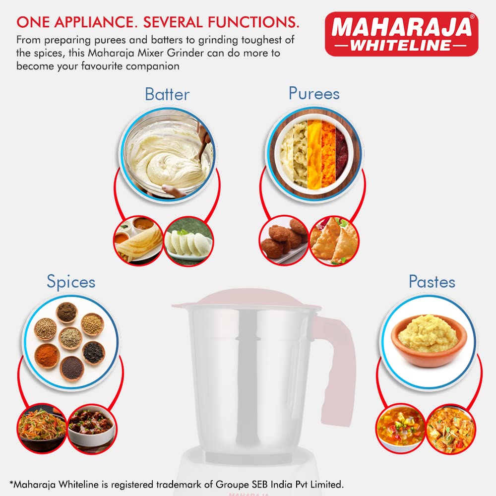 Maharaja Whiteline Unigrind Pro 500 Watts Mixer Grinder with 3 Jars | White & Red