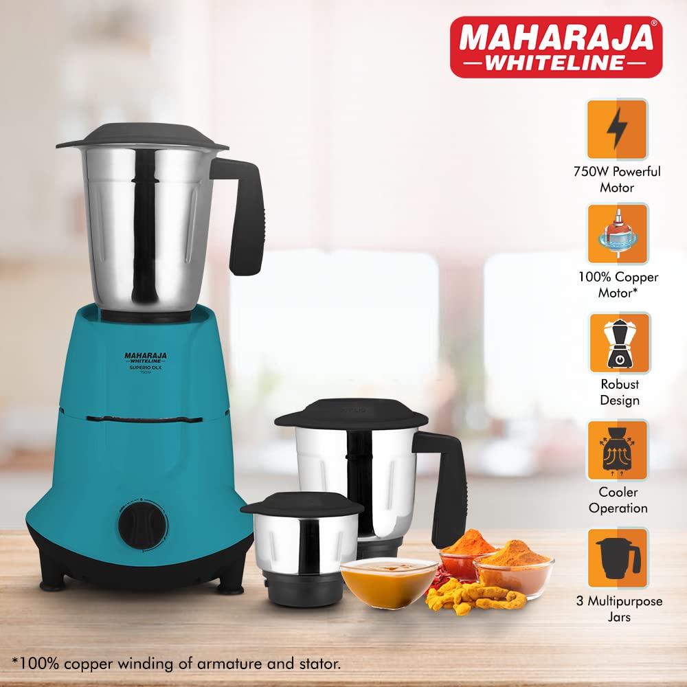 Maharaja Whiteline Superio DLX 750 Watts Mixer Grinder with 3 Jars | Black & Blue