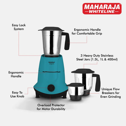 Maharaja Whiteline Superio DLX 750 Watts Mixer Grinder with 3 Jars | Black & Blue