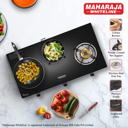 Maharaja Whiteline Belenus Neo 3 Burner Glass Top Gas Stove | Black