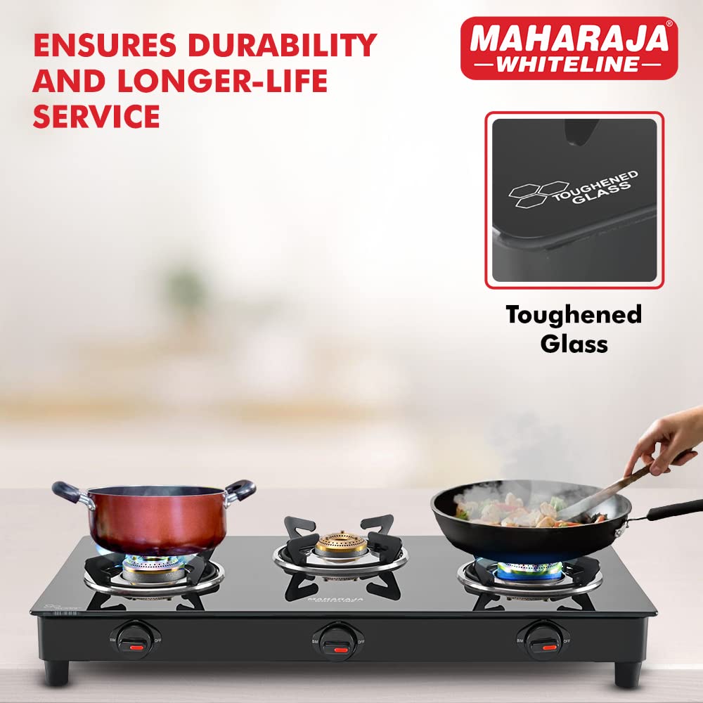 Maharaja Whiteline Belenus Neo 3 Burner Glass Top Gas Stove | Black