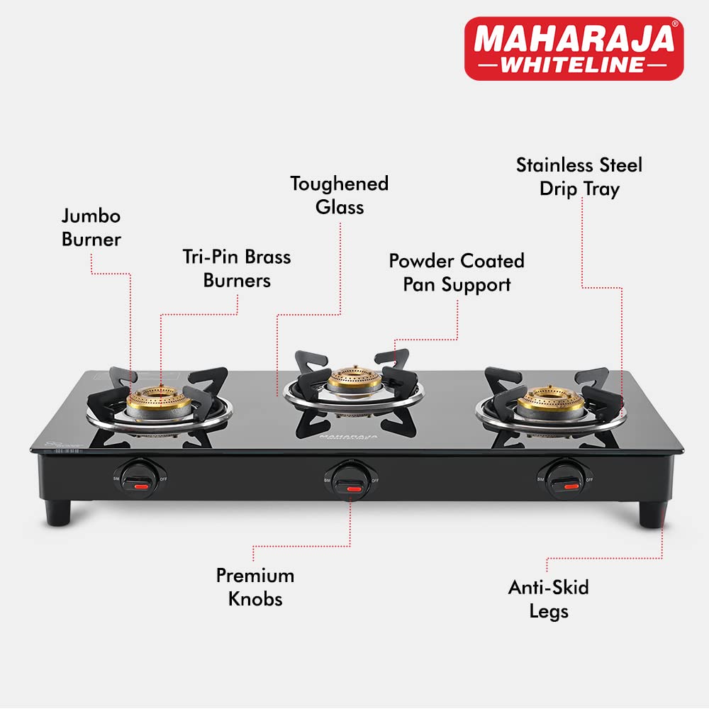 Maharaja Whiteline Belenus Neo 3 Burner Glass Top Gas Stove | Black