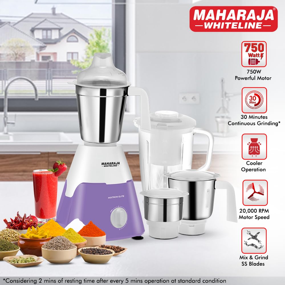 Maharaja Whiteline Mixtron Elite 750 Watts Mixer Grinder with 4 Jars | White & Lavender