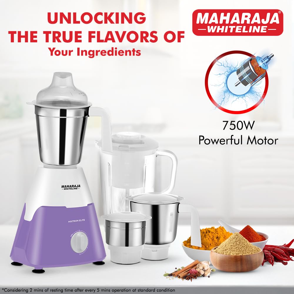 Maharaja Whiteline Mixtron Elite 750 Watts Mixer Grinder with 4 Jars | White & Lavender