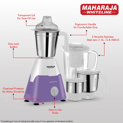 Maharaja Whiteline Mixtron Elite 750 Watts Mixer Grinder with 4 Jars | White & Lavender