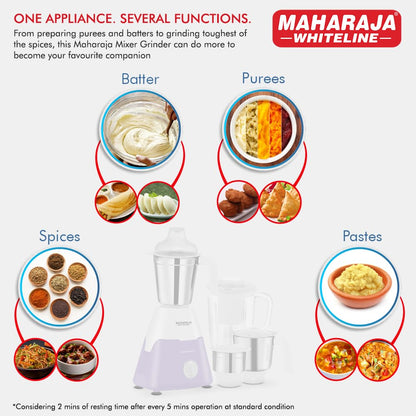 Maharaja Whiteline Mixtron Elite 750 Watts Mixer Grinder with 4 Jars | White & Lavender