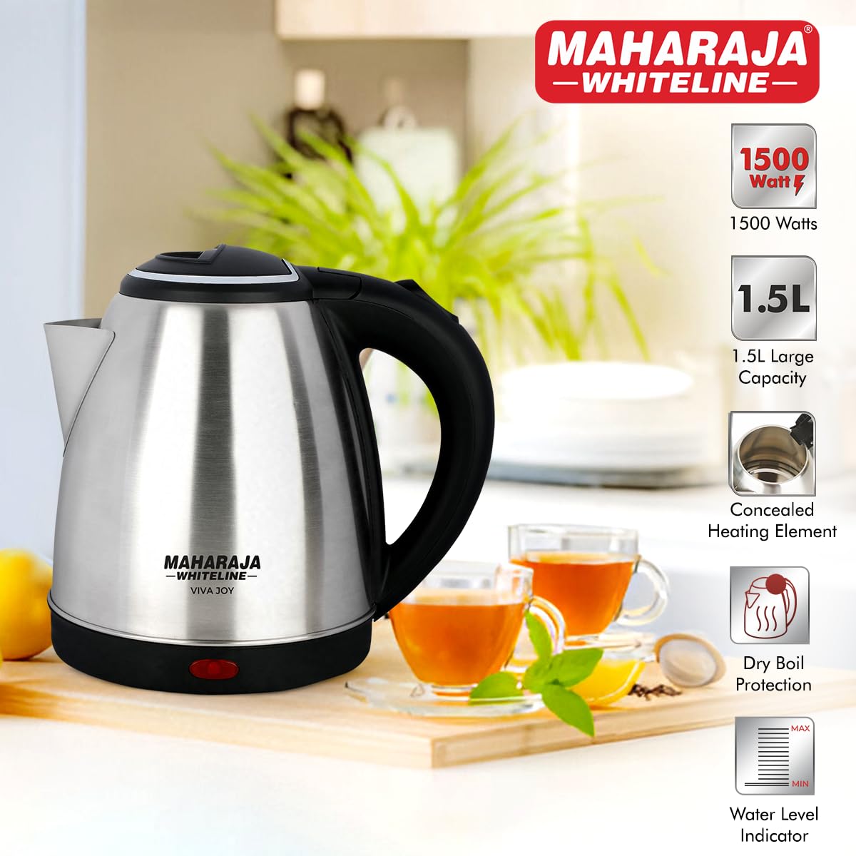 Maharaja Whiteline Viva Joy 1.5 Litre 1500 Watt Stainless Steel Electric Kettle | Silver & Black | 1 Pc