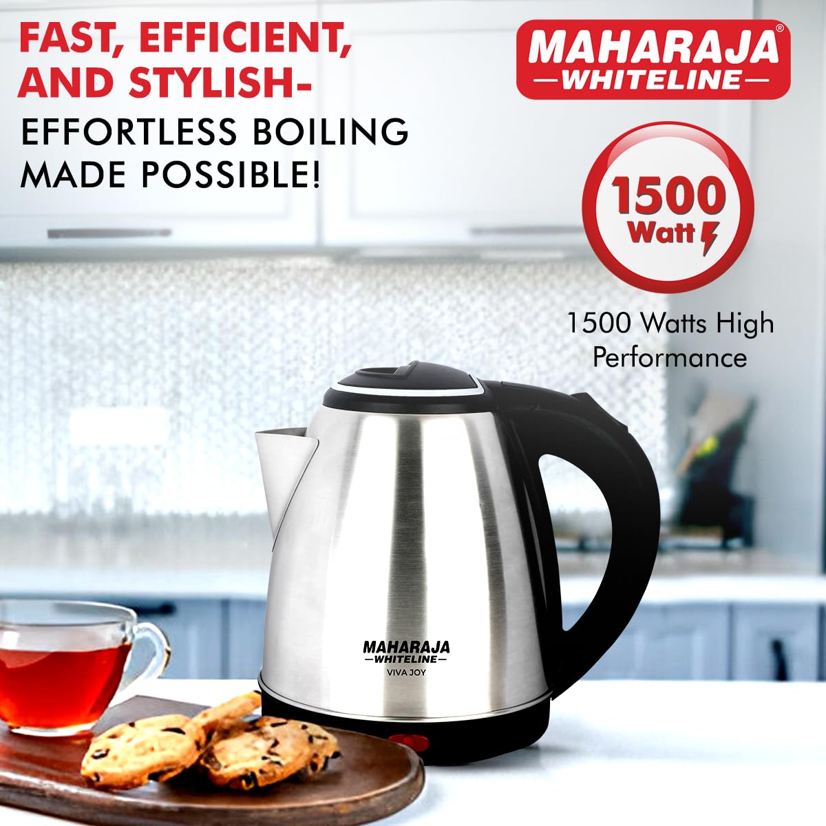 Maharaja Whiteline Viva Joy 1.5 Litre 1500 Watt Stainless Steel Electric Kettle | Silver & Black | 1 Pc