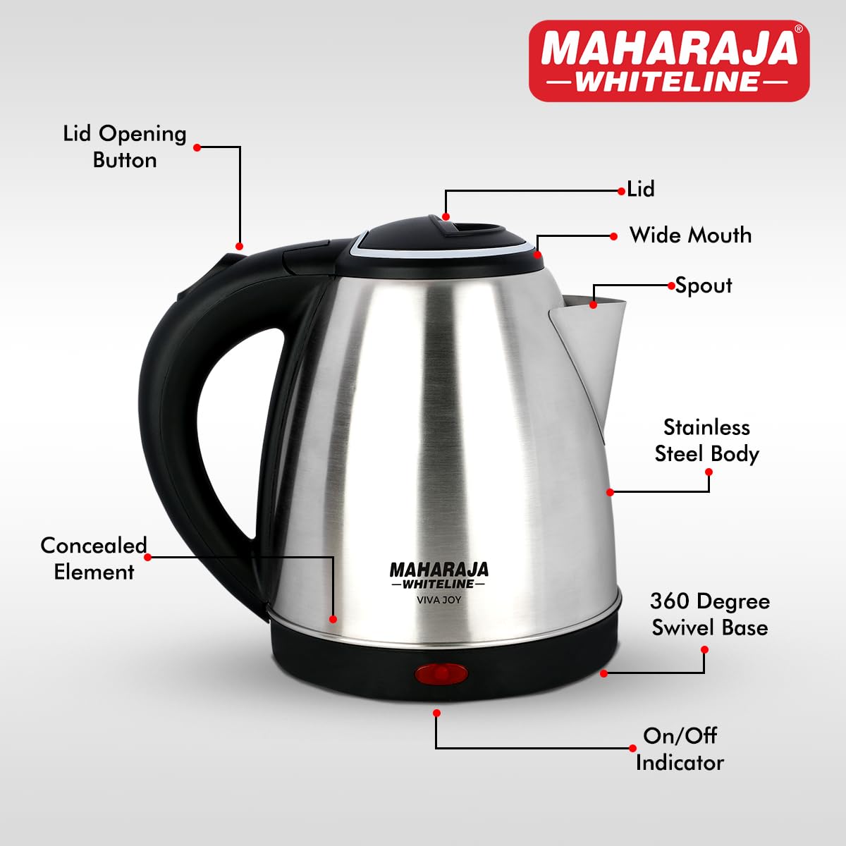 Maharaja Whiteline Viva Joy 1.5 Litre 1500 Watt Stainless Steel Electric Kettle | Silver & Black | 1 Pc