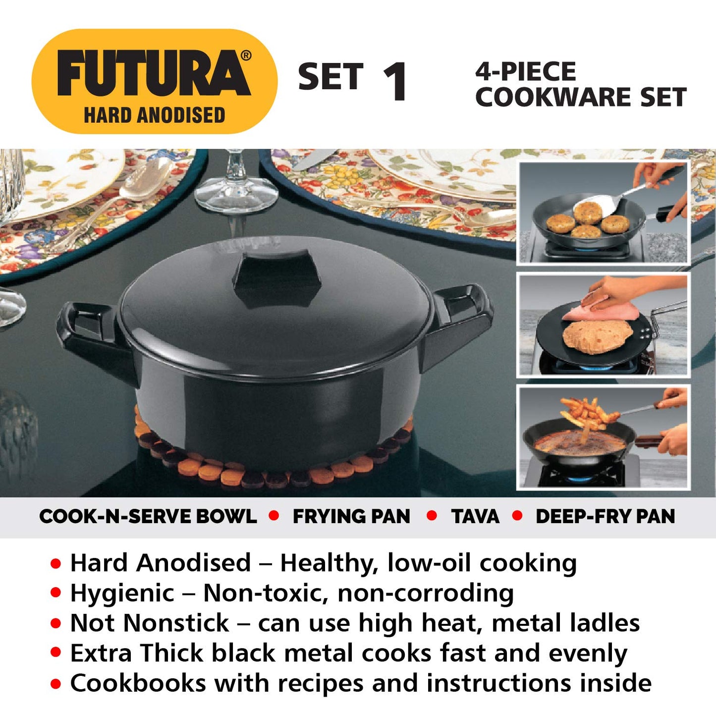 Hawkins Futura Hard Anodised Cookware Set | Black | Set of 4 Pcs