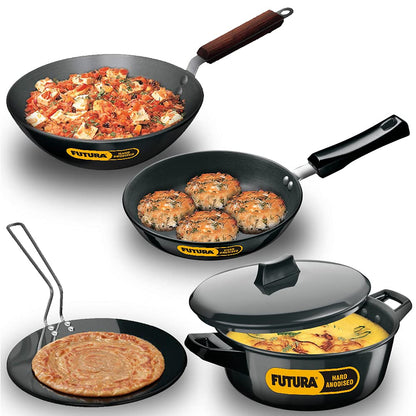 Hawkins Futura Hard Anodised Cookware Set | Black | Set of 4 Pcs