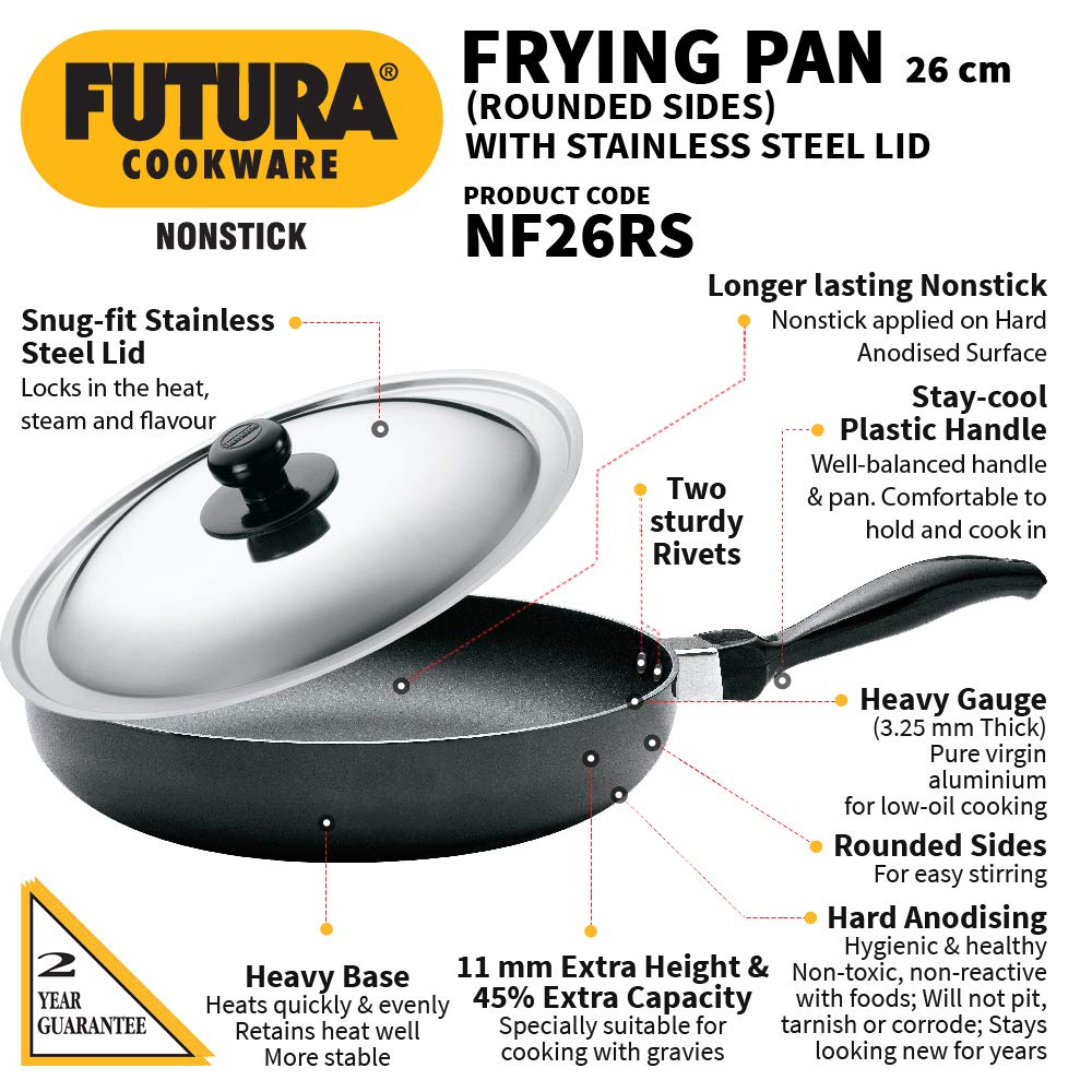 Hawkins Futura Nonstick 26 cm Rounded Sides Frying Pan with Stainless Steel Lid - 2