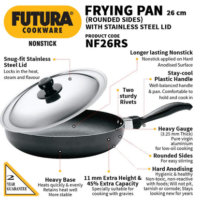 Hawkins Futura Nonstick 26 cm Rounded Sides Frying Pan with Stainless Steel Lid - 2