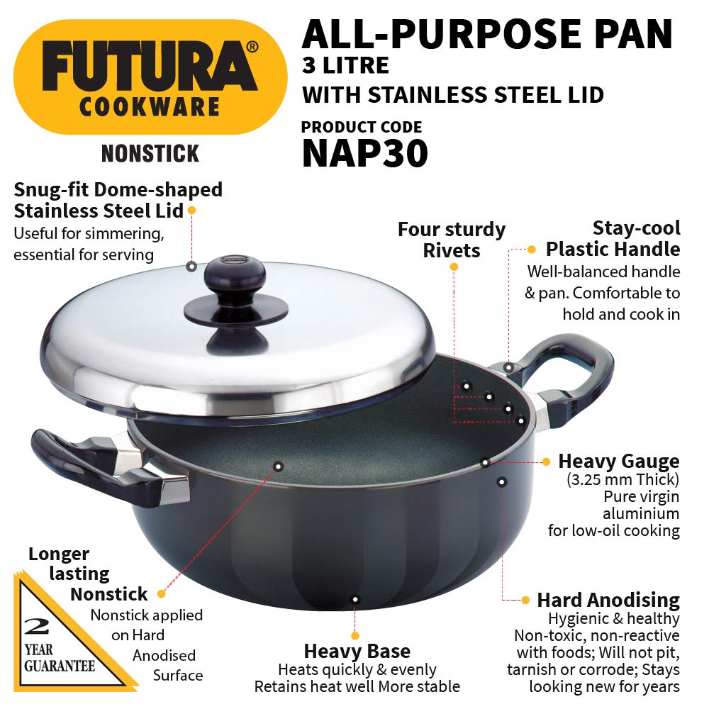 Hawkins Futura Nonstick 3 Litre All-Purpose Pan with Stainless Steel Lid - 2