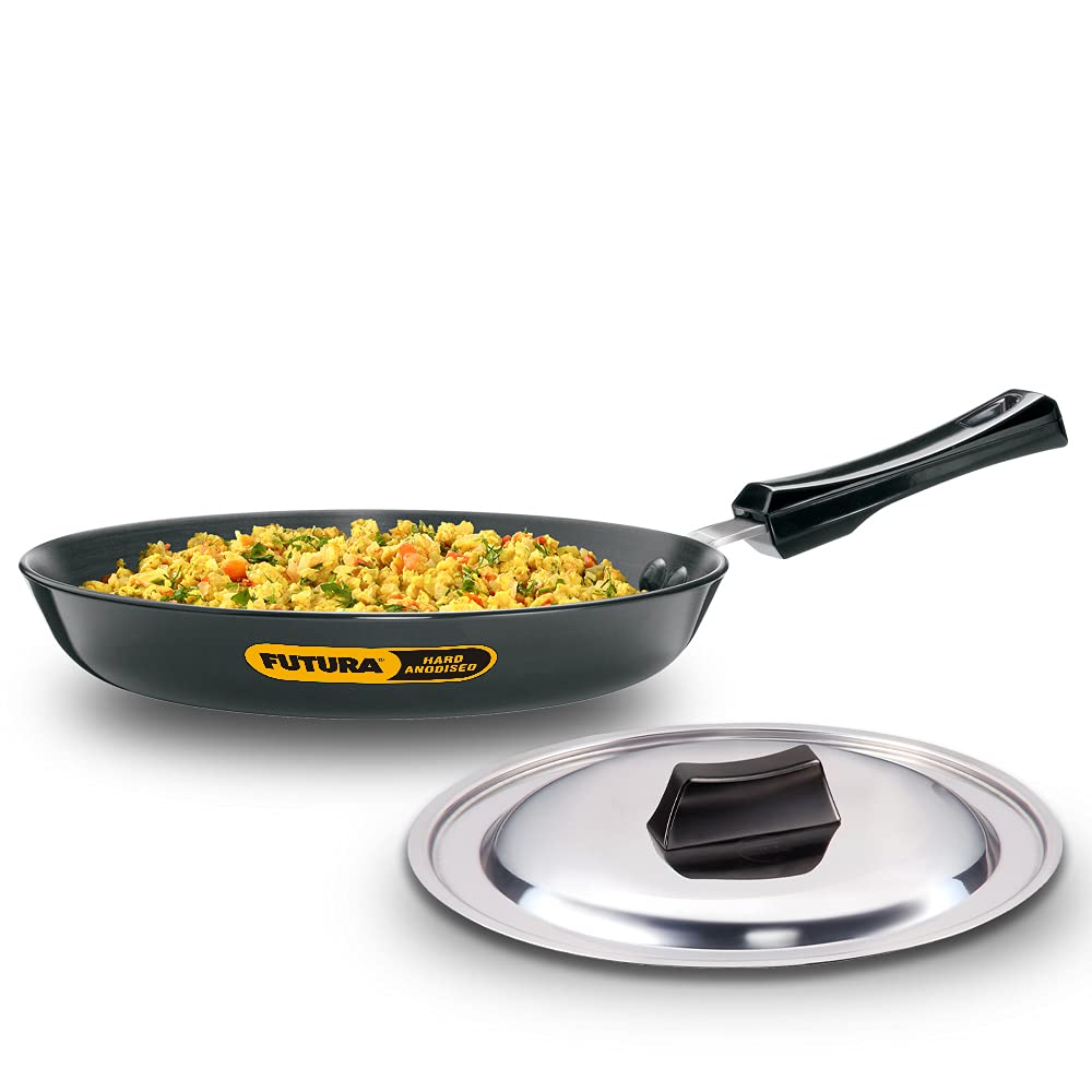 Hawkins Futura Hard Anodised Fry Pan with Stainless Steel Lid | Gas & Induction Compatible | Black